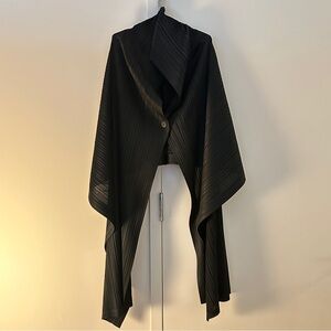 Pleats Please Issey Miyake Long Shawl Coat in Black